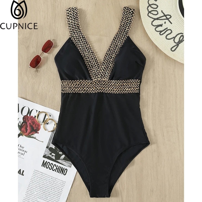 Plunge Neckline One Piece Swimsuit Women Sexy Black Swimwear V-Neck Solid Backless Contrast Trim Padded Bathing Suit