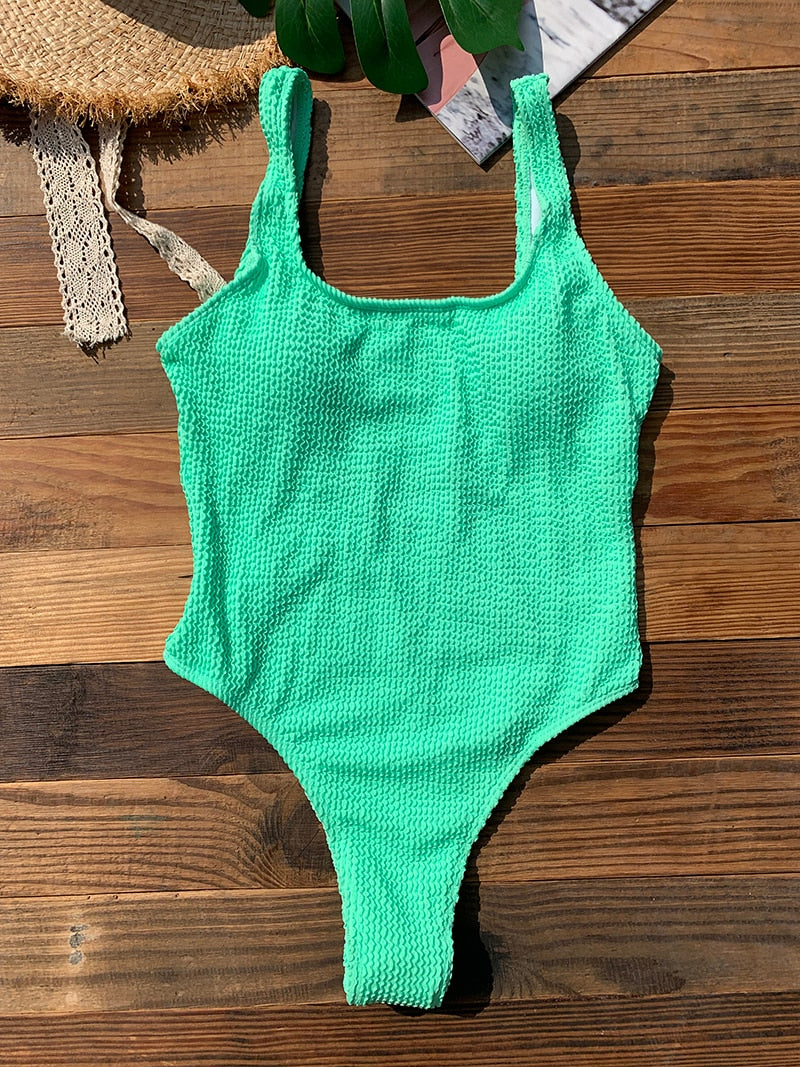 One Piece Swimsuit for Women 2023 New Ribbed Monokini Swimwear Solid Neon Green Bathing Suit Beach Outfits Women's Swim Wear