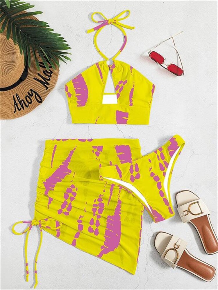 Bikinis Three Piece Swimsuit Woman 2023 Bikini Sexy Thong Swimwear Print Halter Skirt Beach Cover Up Summer Bathing Suit Female