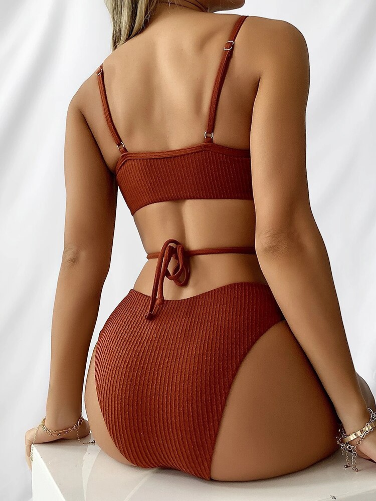 INGAGA Crisscross Women's Bikinis 2023 Sexy Ribbed Swimsuits Solid Swimwear Women Spaghetti Strap Biquini Tie Back Bathing Suits