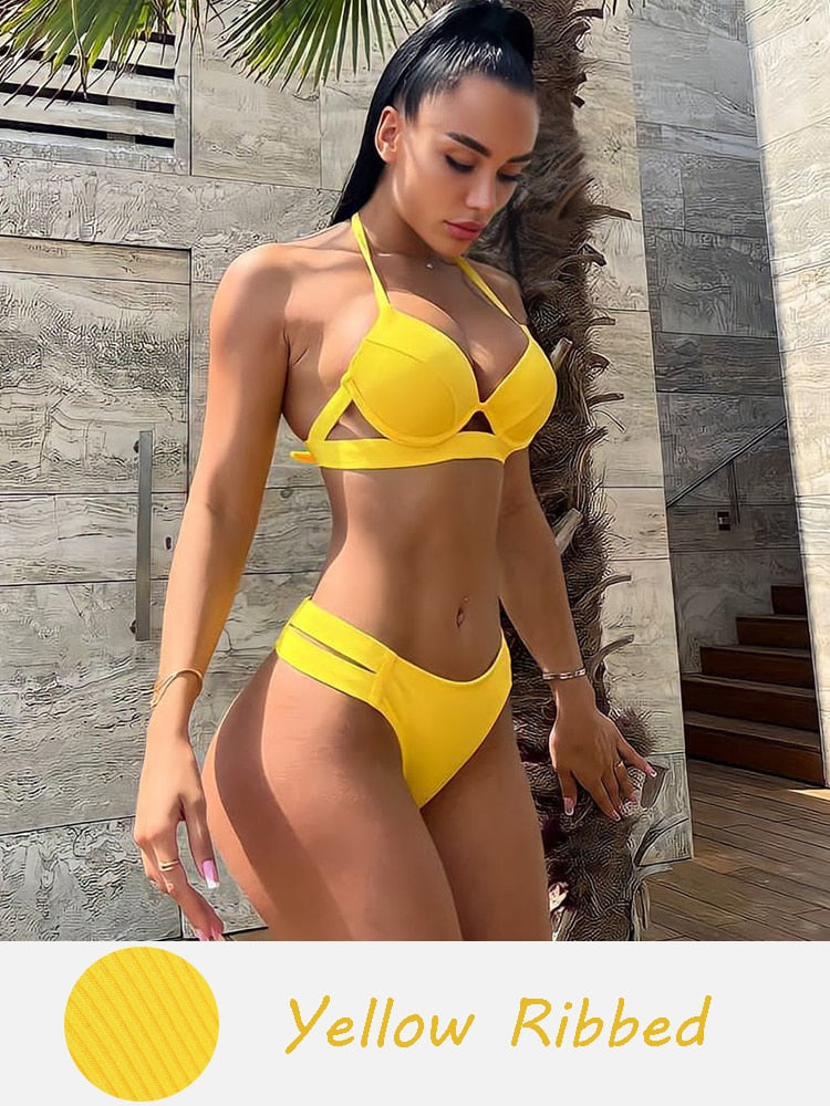 Halter Bandage Solid Push Up Bikini Set