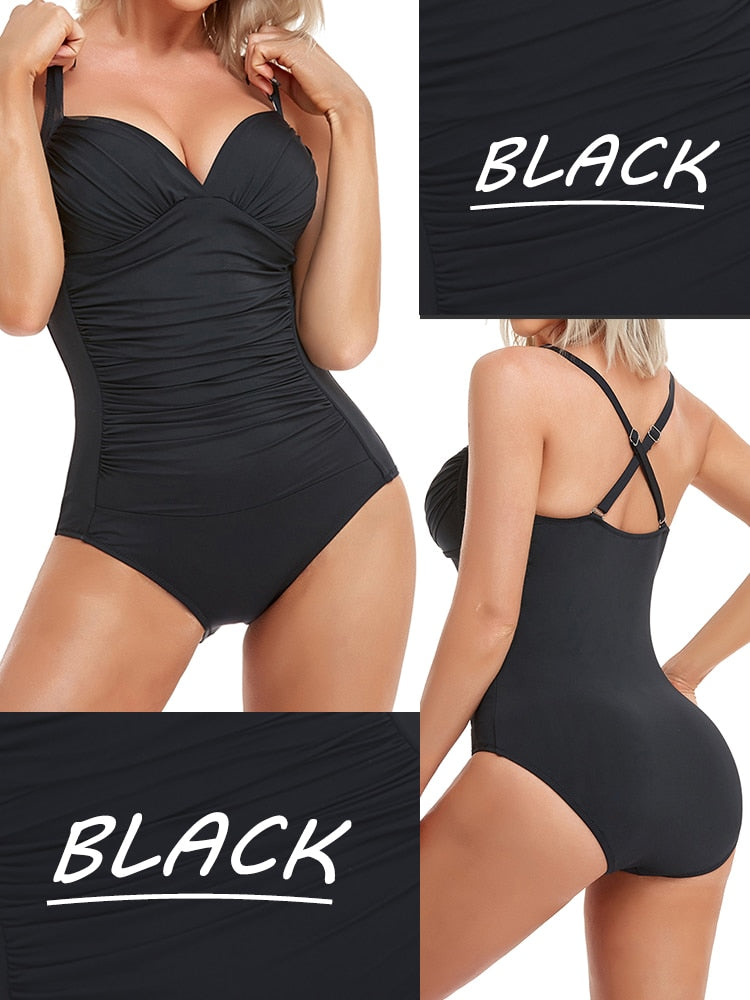 HOMGAO Sexy Push Up Women's One Piece Swimsuits Large Size Shirred Swimwear Vintage Bodysuit Tummy Control Bathing Suits L-4XL