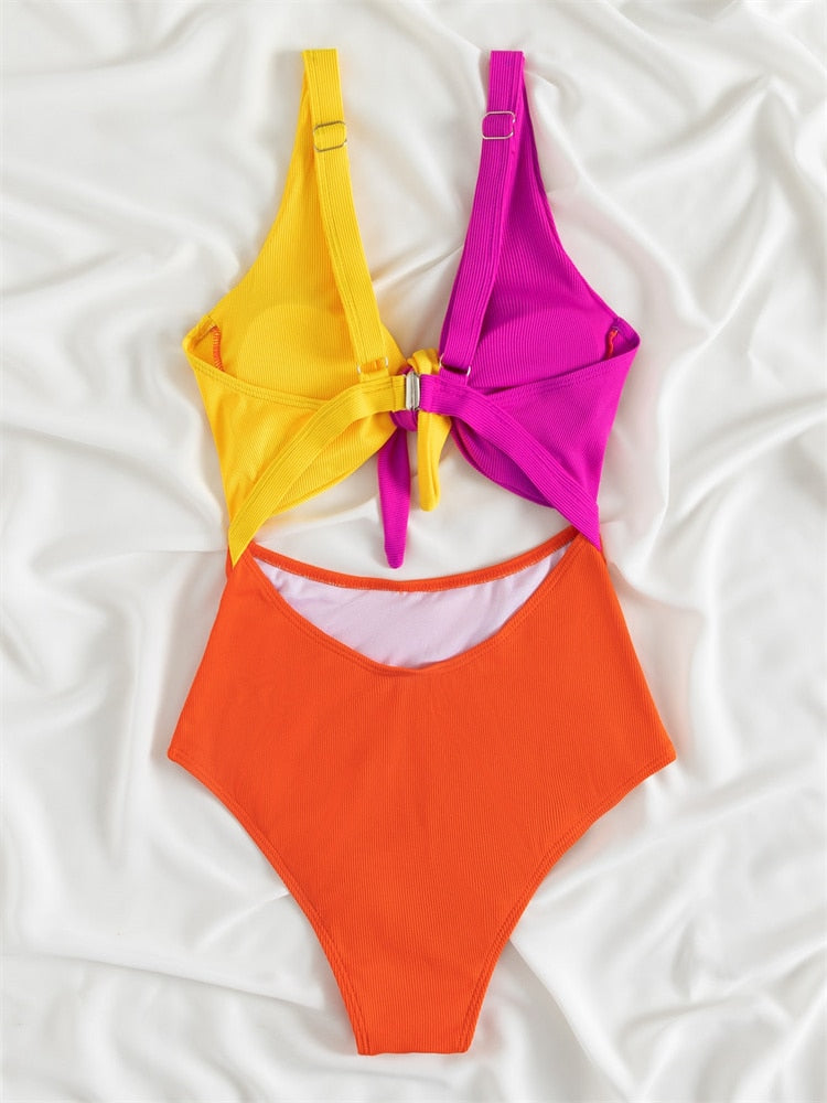 One Piece Swimsuit 2022 New Solid Colorful Hollow Out Swimwear Women Bandage Bow Bodysuit Sexy Monokini Beachwear Bathing Suits