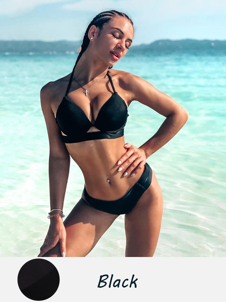 Halter Bandage Solid Push Up Bikini Set