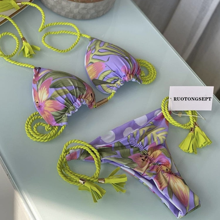 Blue Triangle Bandage Thong Bikini Set