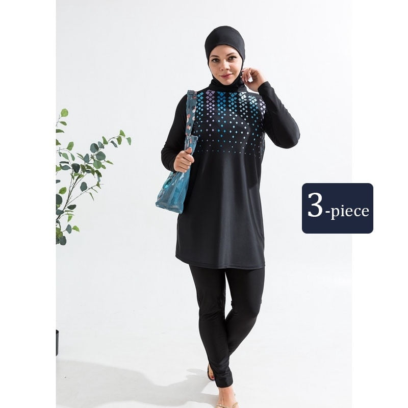 Muslim Swimwear Women Printed Stretch Full Cover Lslamic Clothes 3 piece Hijab Long Sleeves Sport Swimsuit Burkinis Bathing Suit