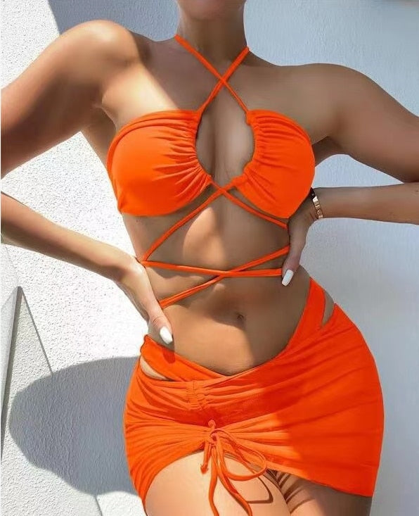 3-Piece Lace Up Micro Bikini Set with Skirt