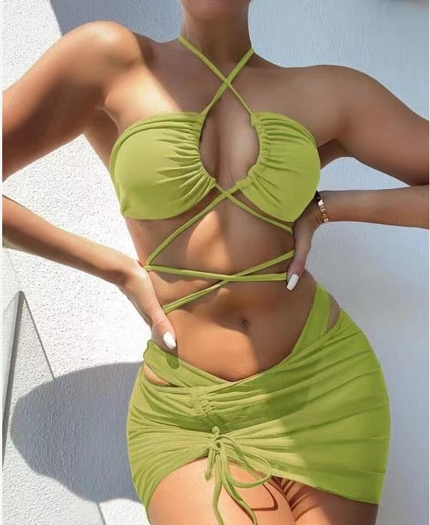 2022 New 3 Pieces Set Swimsuit Women High Waist Swimwear Sexy Lace Up Micro Bikini Set With Skirt Solid Beachwear Bathing Suit