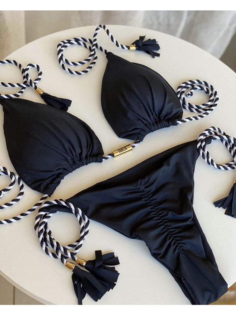 Blue Triangle Bandage Thong Bikini Set