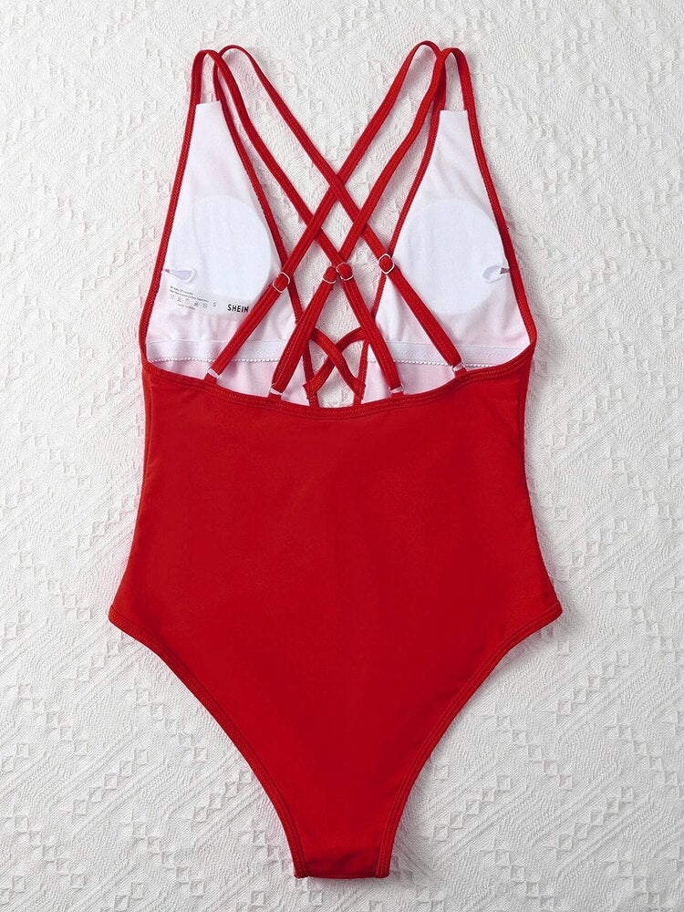 2022 New One Piece Bikini Cross Solid Color Ladies Swimwear Deep Neck Sexy Summer Swimsuit Ages 18-35 Years Old Terylene