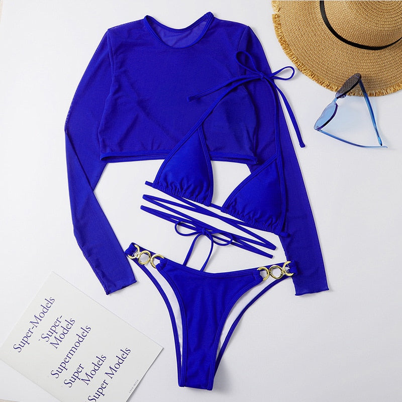 Leopard Print 3-Piece Long Sleeve Bikini Set