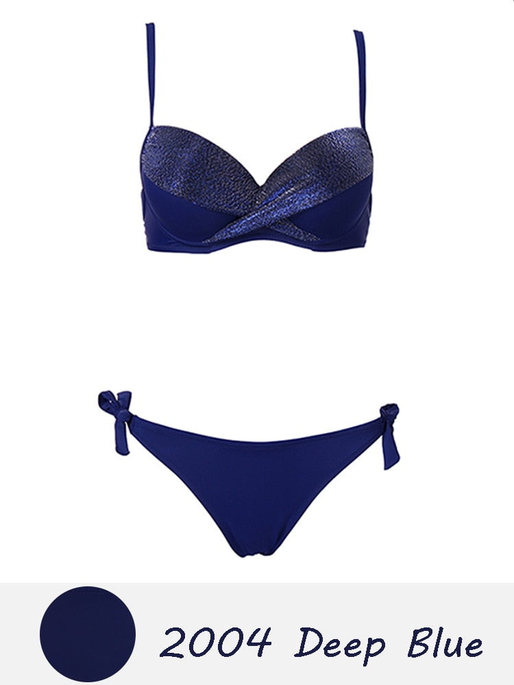 Halter Bandage Solid Push Up Bikini Set