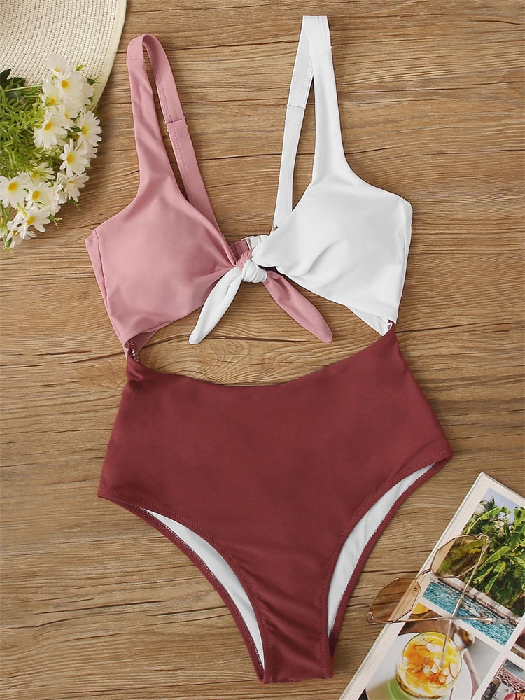 One Piece Swimsuit 2022 New Solid Colorful Hollow Out Swimwear Women Bandage Bow Bodysuit Sexy Monokini Beachwear Bathing Suits