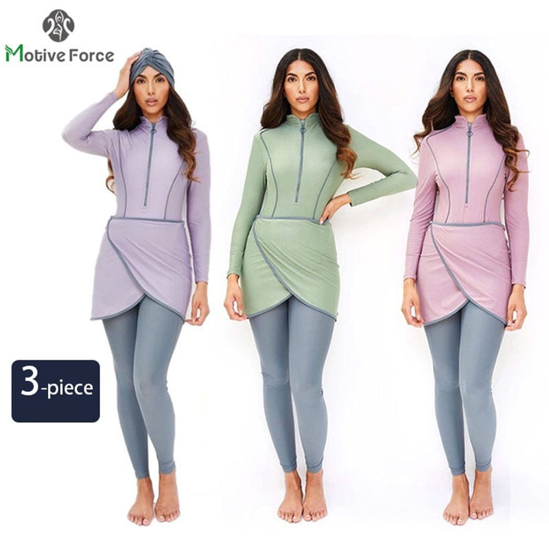 3PCS women muslim swimwear long sleeve swimsuit muslimah swimming burkini turban pants maillots de bains musulmans maillot femme