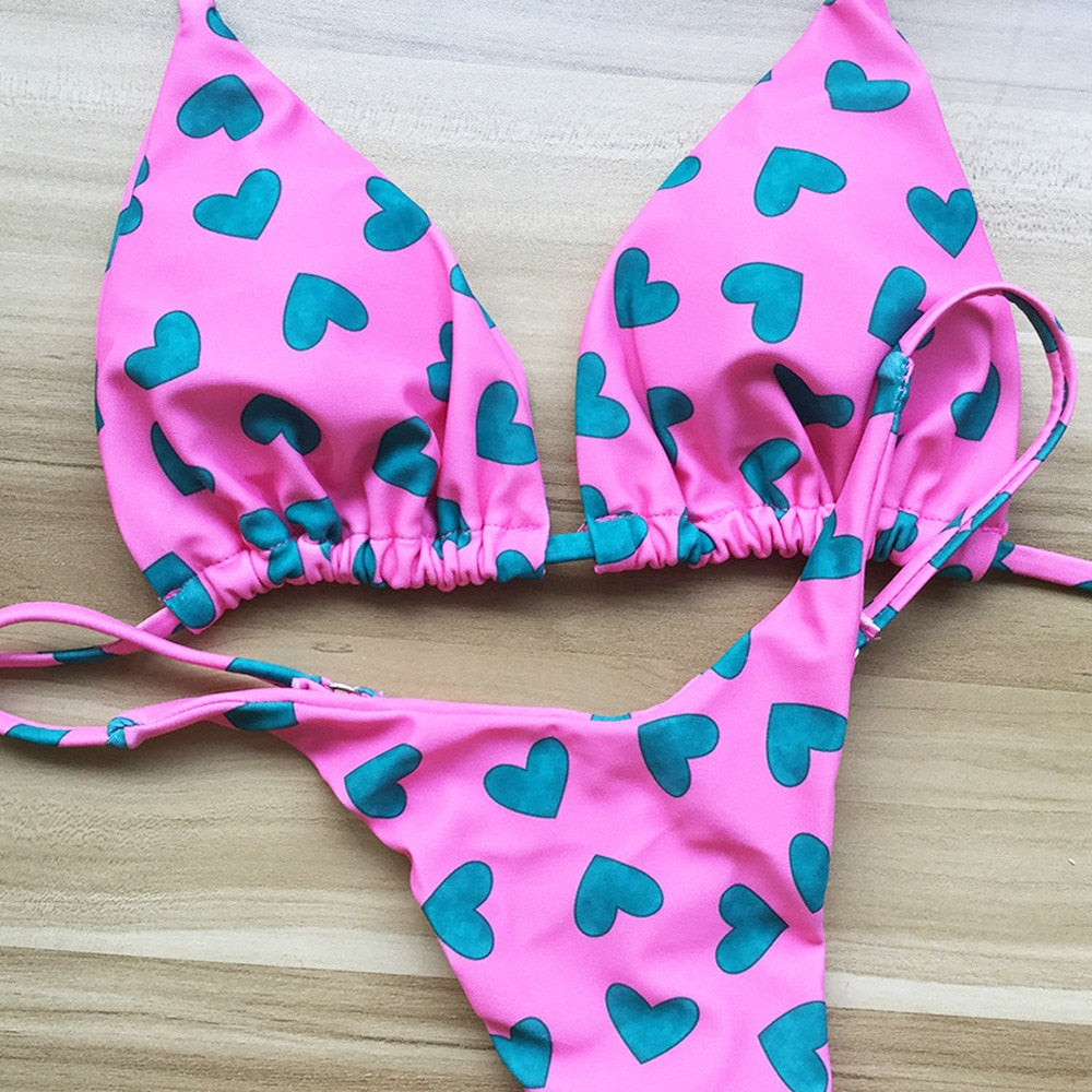 QINJOYER Cute Heart Print Bikini Women Brazilian Swimwear 2 Pieces Swimsuit Sexy Thong Bikini Bathing Suits Summer Beach Wear