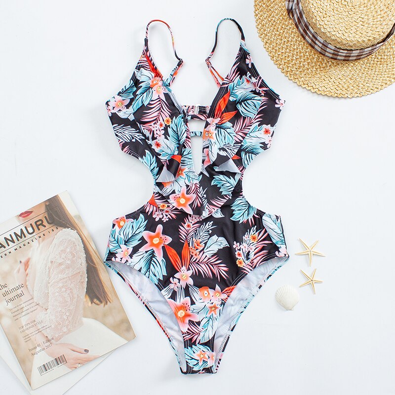 Ruffle One Piece Bikini Set Flounced Swimwear Women 2022 New Summer Swimsuit Plunge Monokini Floral Bodysuit Beachwear Trikini