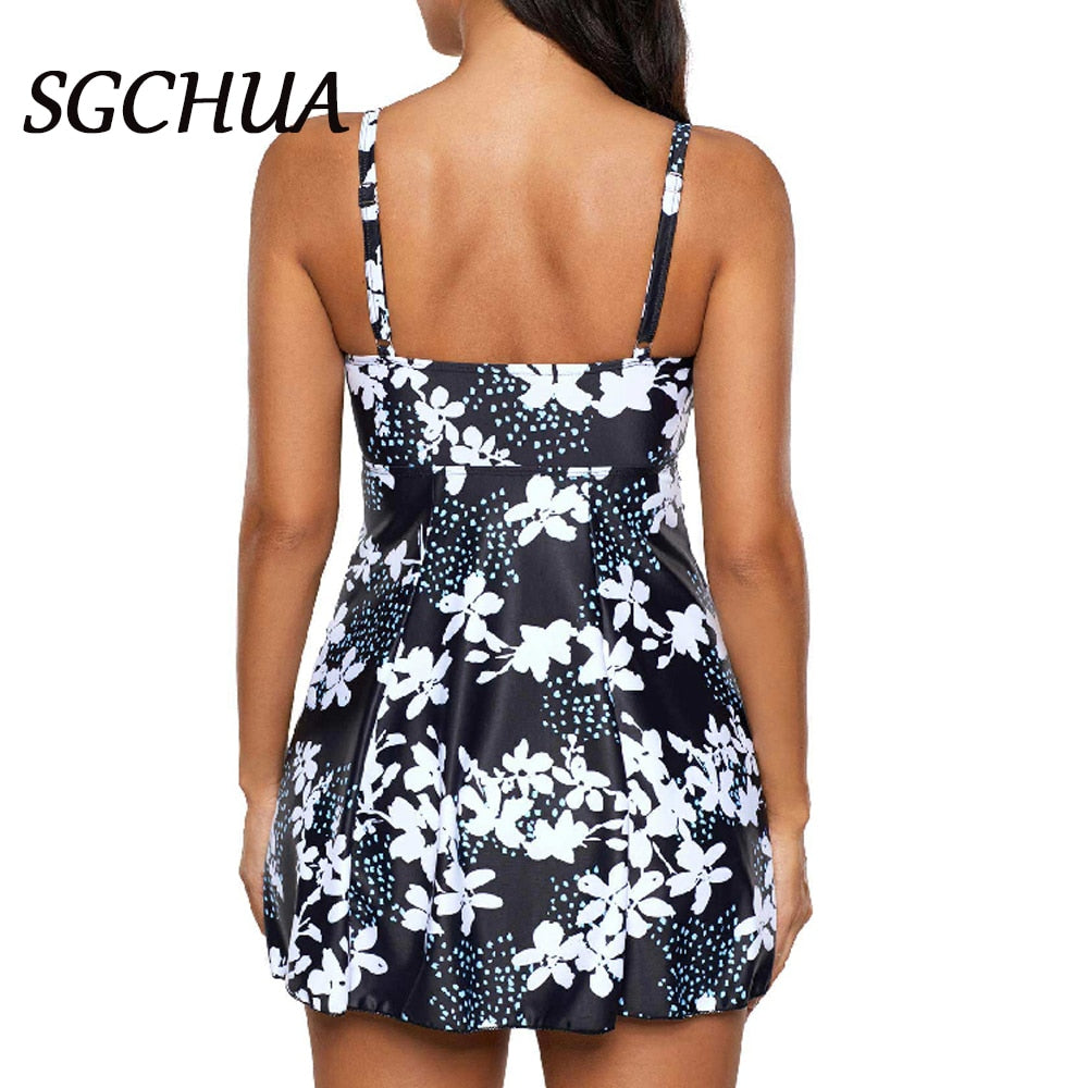 SGCHUA 2020 Print White Crane Large Size 5XL One Piece Swimsuit for Fat Big Plus XXXL Swimwear with Skirt Slim Bathing Suit