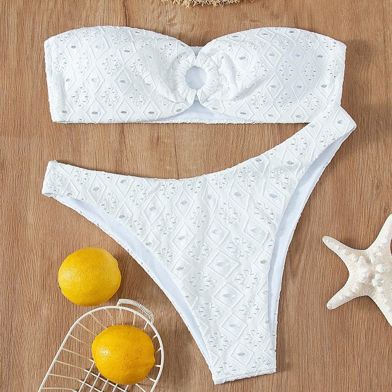 Ruffled Hollow Out Thong Bandeau Bikini Set