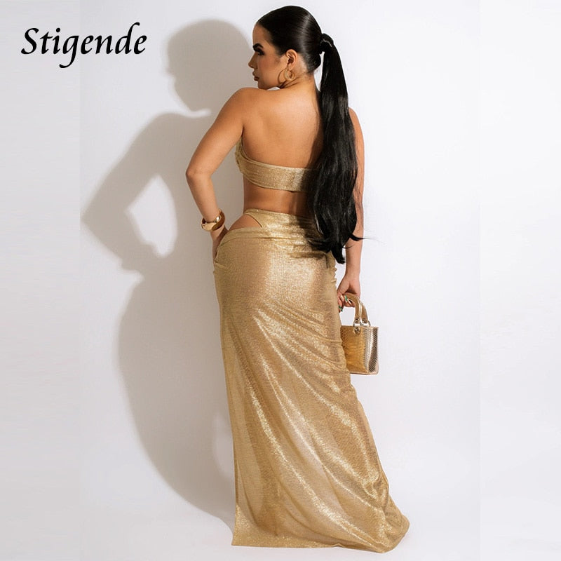 Stigende Women Shiny Gold Three Piece Bikini Set Summer Beach Swimsuit Cover Up Skirt Sexy Halter Neck Top Bra and Panty Set