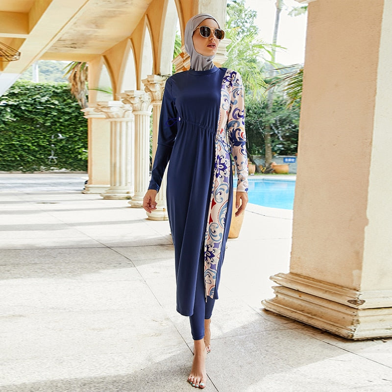 Islamic Swimwear Tunic Robe Print 3pcs Long Burkini Muslim Women Swimsuits For Women Swimming Bathing Surfing Wear Full Cover