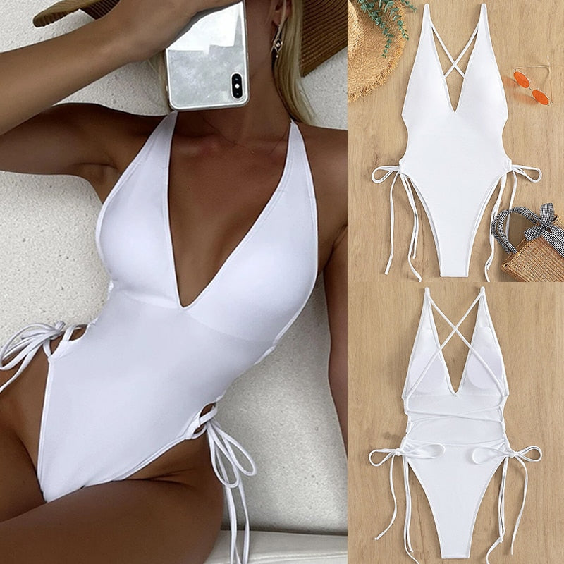 Riseado Sexy Plunging One Piece Swimsuit Lace Up Women's Swimwear 2023 Solid Swimming Suit for Women High Cut Monokini Beachwear