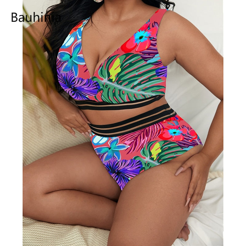 Bauhinia New 5XL Plus Size Swimsuits 2 Pieces Set Women High Waist Push Up Bikini Sets Flower Print Summer Large Bathing Suits