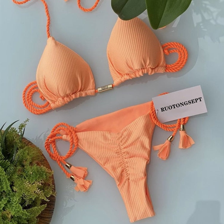 Blue Triangle Bandage Thong Bikini Set