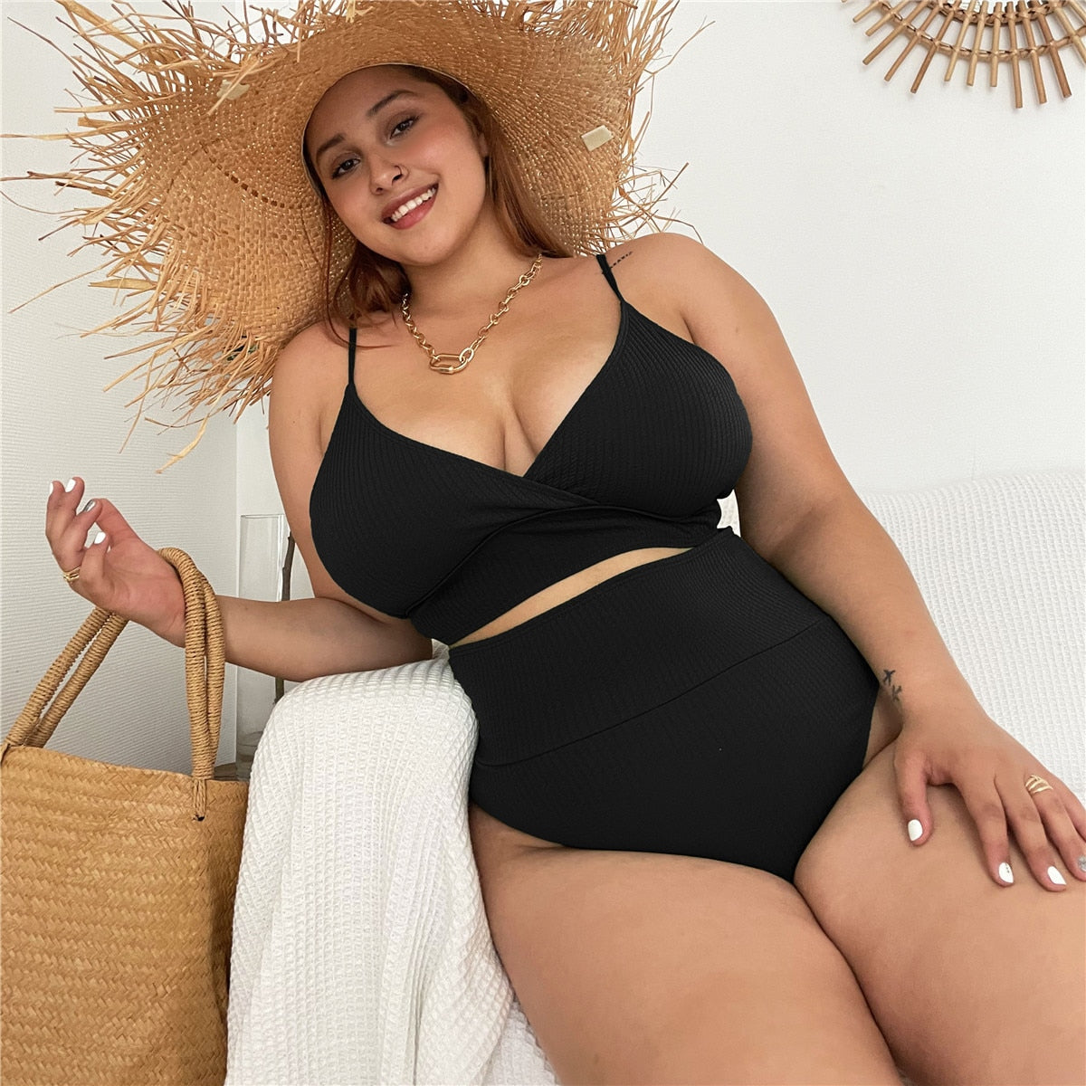 Womens swimwear high waist bikini set solid color plus size Big Breast swimsuit strappy sexy bather Swimming Wear Bathing Suit