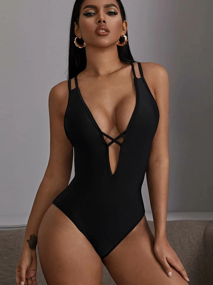 2022 New One Piece Bikini Cross Solid Color Ladies Swimwear Deep Neck Sexy Summer Swimsuit Ages 18-35 Years Old Terylene