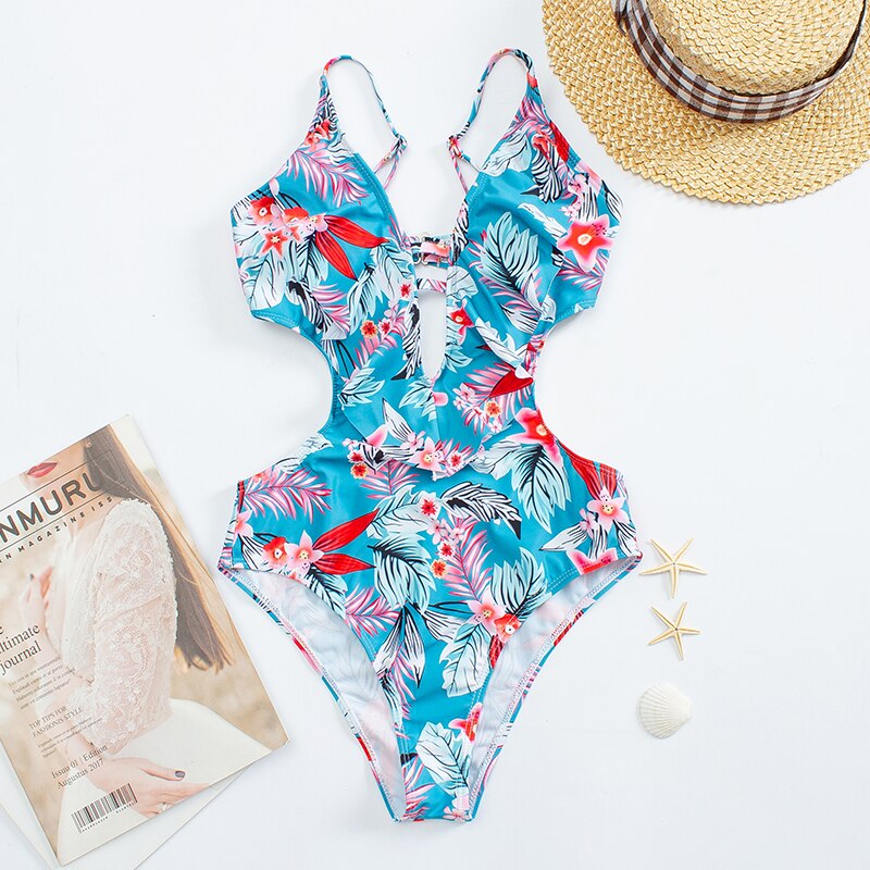 Ruffle One Piece Bikini Set Flounced Swimwear Women 2022 New Summer Swimsuit Plunge Monokini Floral Bodysuit Beachwear Trikini