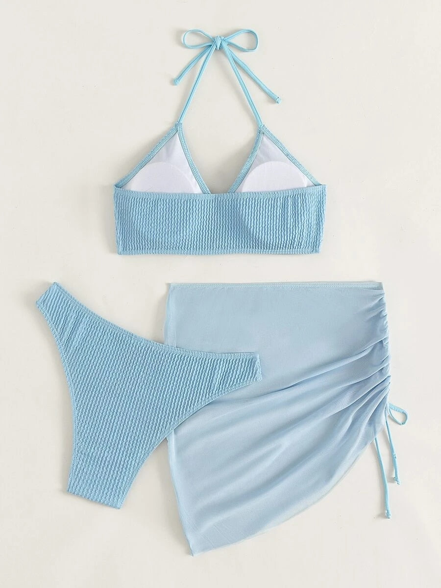 Ring Linked Halter Ribbed 3-Piece Bikini Set