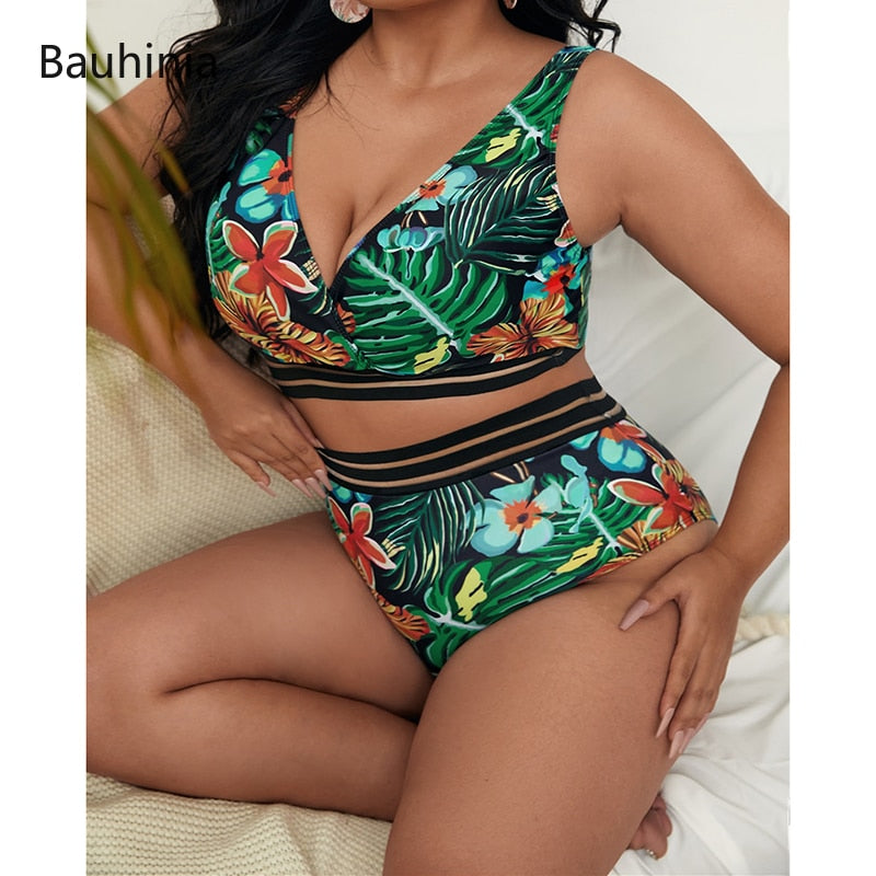 Bauhinia New 5XL Plus Size Swimsuits 2 Pieces Set Women High Waist Push Up Bikini Sets Flower Print Summer Large Bathing Suits