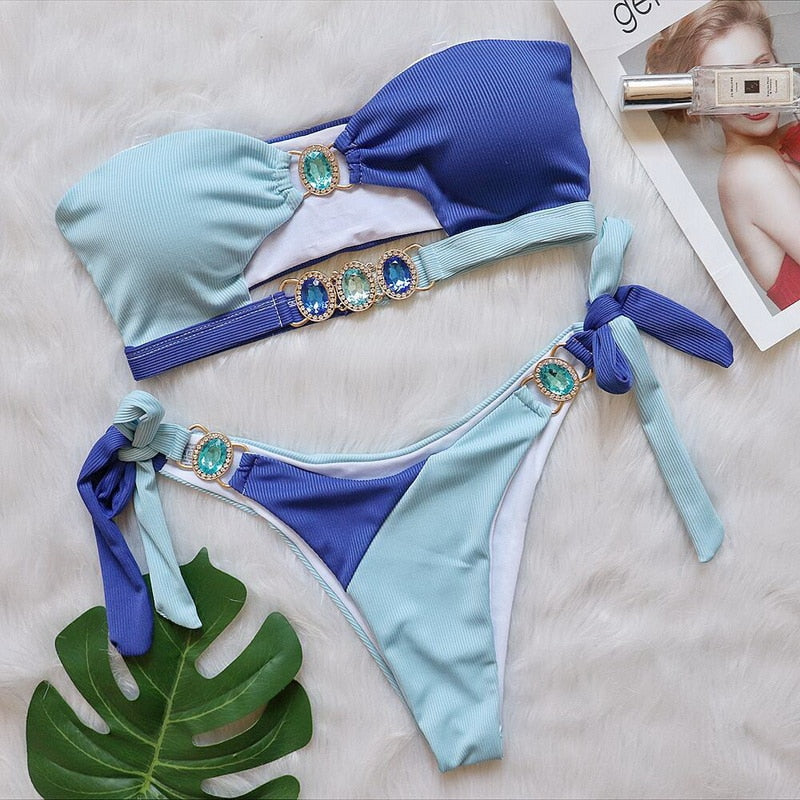 Luxury Rhinestone Push Up Bandeau Bikini