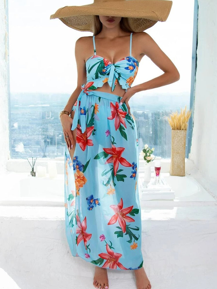 Women Sexy Floral Print Three Piece Bikini Set Fashion Sling Bandeau Bikini Suit+High Waist Cover Up Long Skirt Summer Beachwear