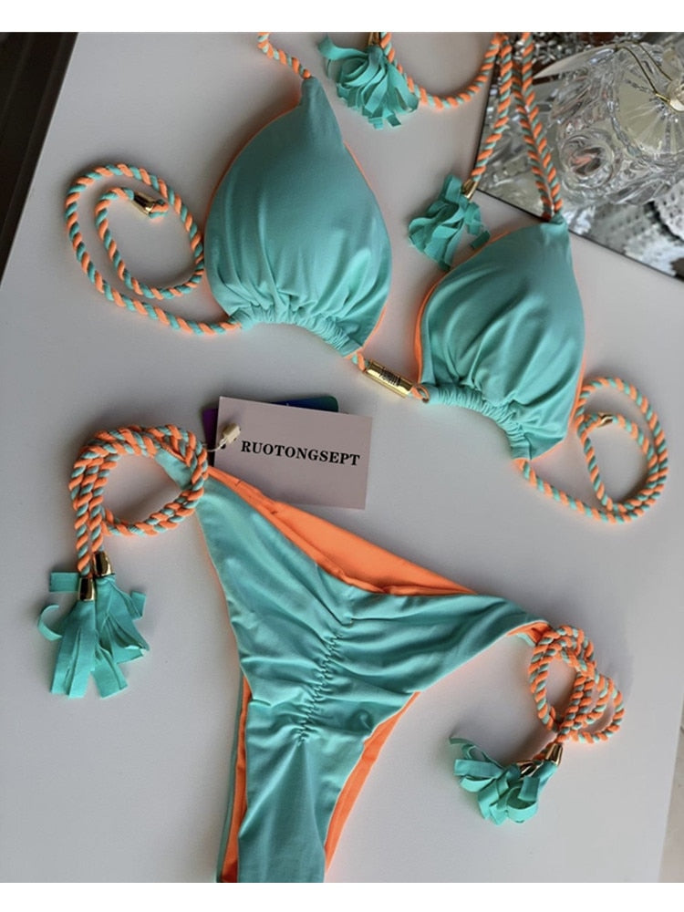 Blue Triangle Bandage Thong Bikini Set