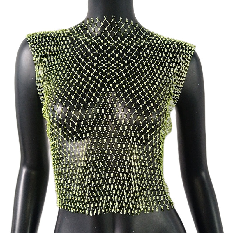 Rhinestone Mesh See-Through Crop Top