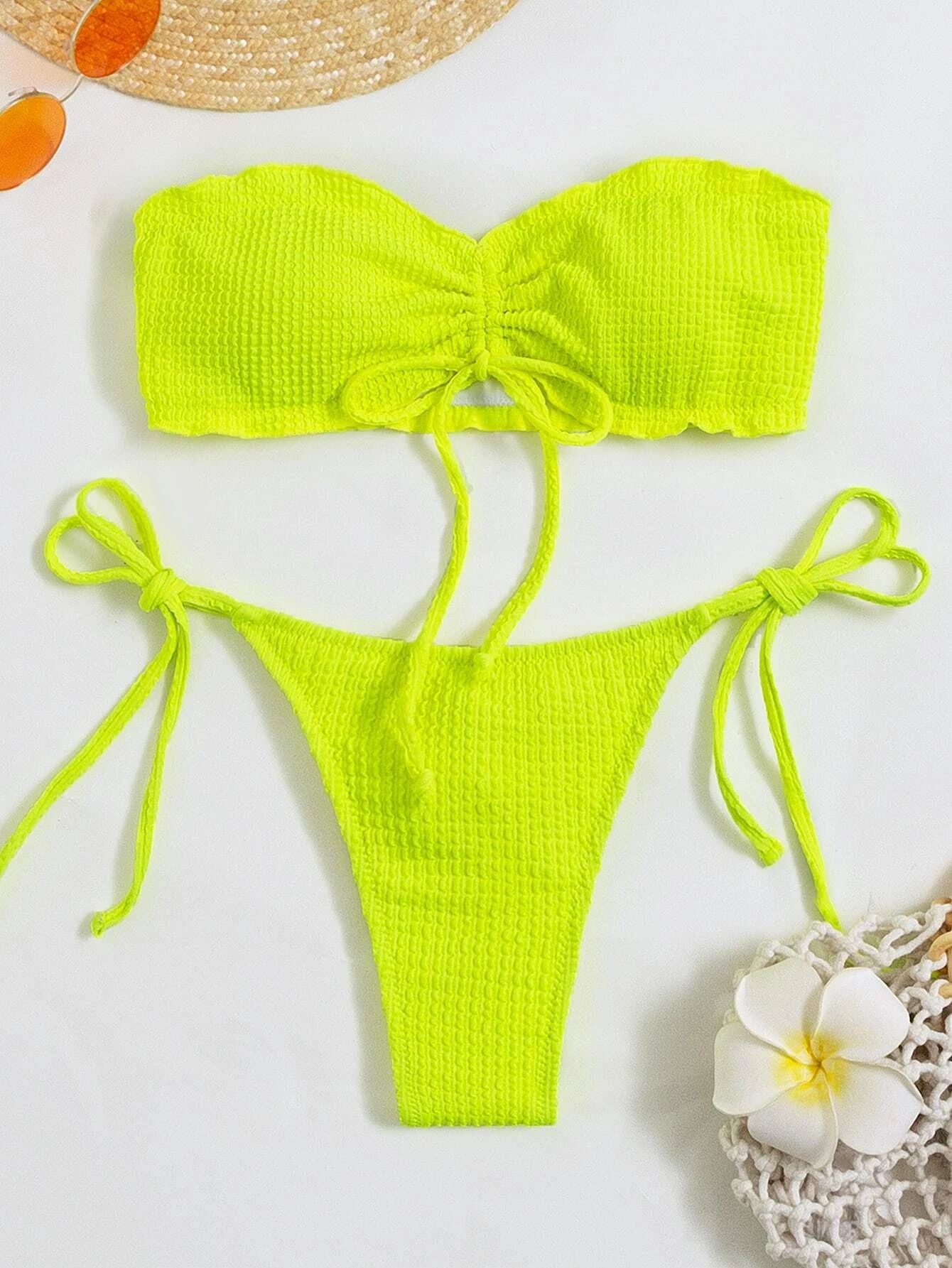 Tie Front Bandeau Thong Bikinis 2022 Women Two Piece Swimwear Sexy Swimsuit Female Bikini Set Summer Beach Bathing Suit