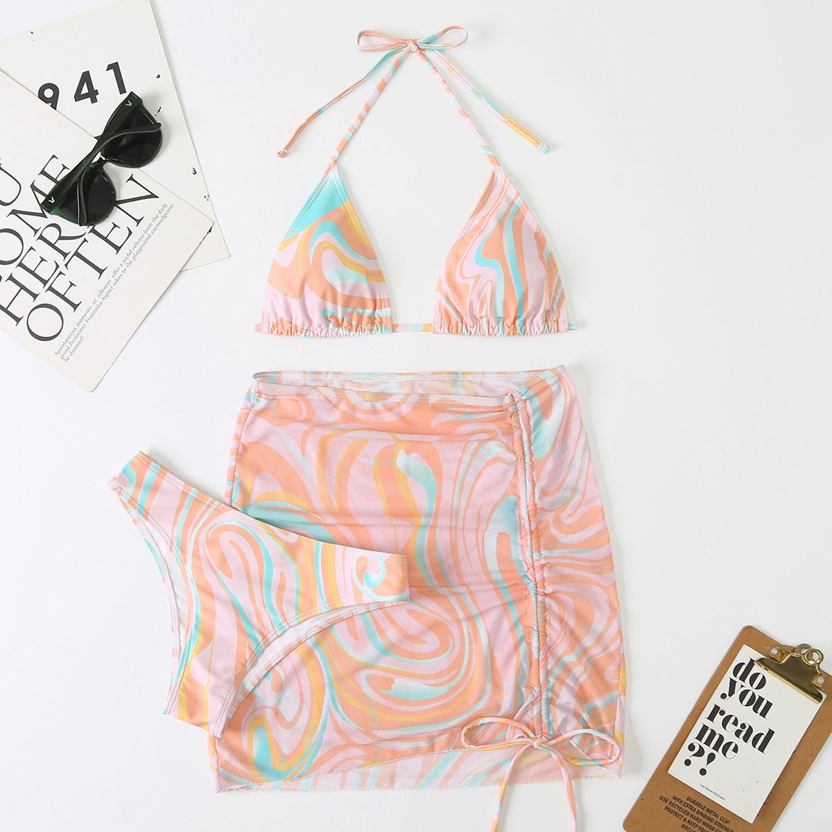 Tie Dye 3-Piece Thong Bikini Set with Skirt