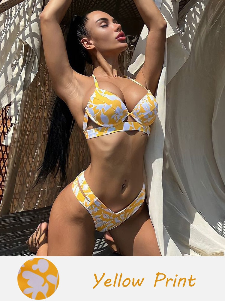 Halter Bandage Solid Push Up Bikini Set