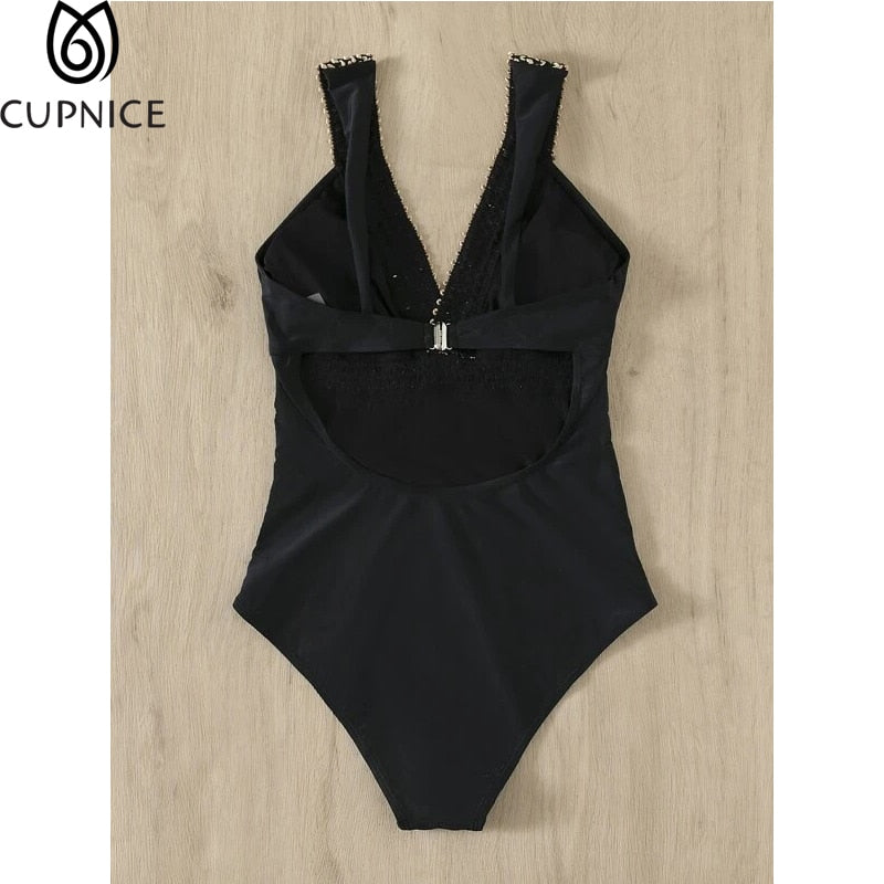 Plunge Neckline One Piece Swimsuit Women Sexy Black Swimwear V-Neck Solid Backless Contrast Trim Padded Bathing Suit