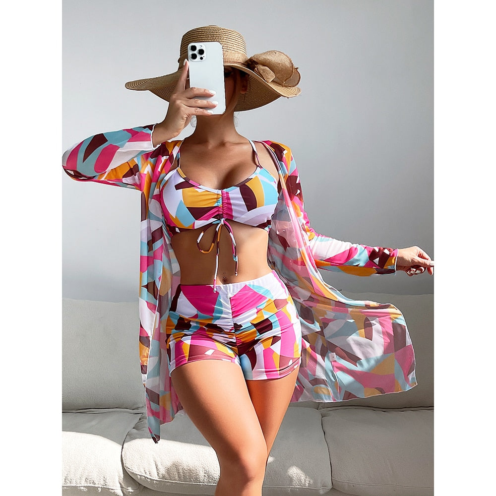 High Waist Bikinis 2022 Sexy 3 Piece Bikini Set Cover Up Swimsuit for Women Long Sleeve Push Up Swimwear Beach Wear Bathing Suit