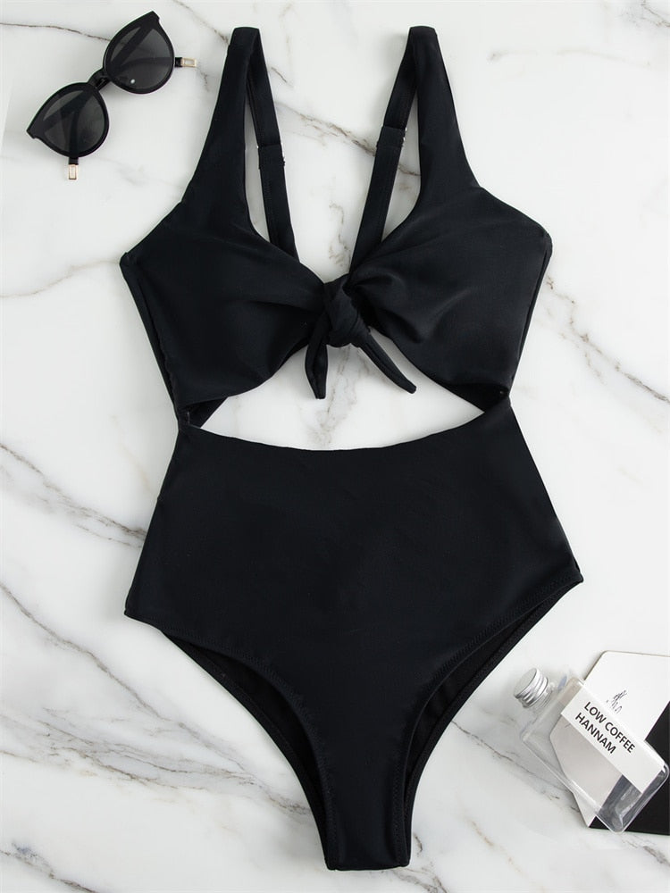 One Piece Swimsuit 2022 New Solid Colorful Hollow Out Swimwear Women Bandage Bow Bodysuit Sexy Monokini Beachwear Bathing Suits