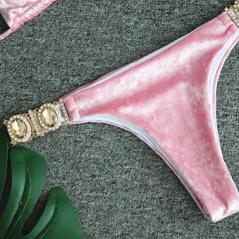 Crystal Bikini Set Bandage Velvet Pink Swimwear Swimsuit Bathing Suit Women Sexy Thong Bikini Gold Crystal Stone Beach Wear