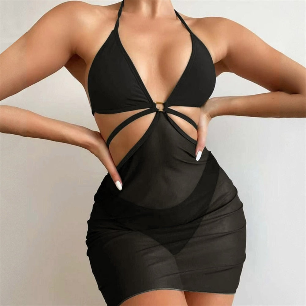 Sexy Solid Halter Thong Bikini Push Up Swimsuits Cover Ups For Swimwear Women 3 Pcs Sets Bandage Beachwear Suit With Mesh Skirt