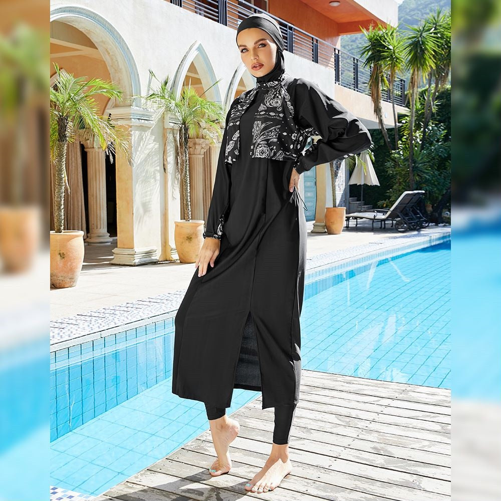 Islamic Swimwear Tunic Robe Print 3pcs Long Burkini Muslim Women Swimsuits For Women Swimming Bathing Surfing Wear Full Cover