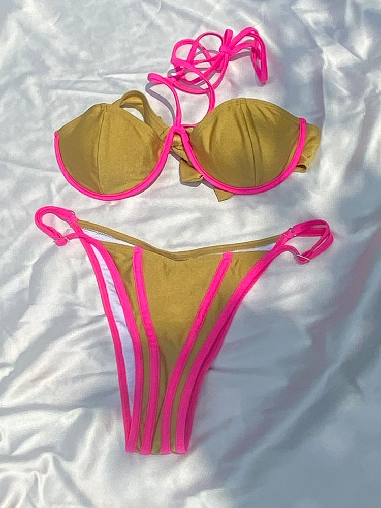 Halter Leopard Patchwork Cup Bikini Set