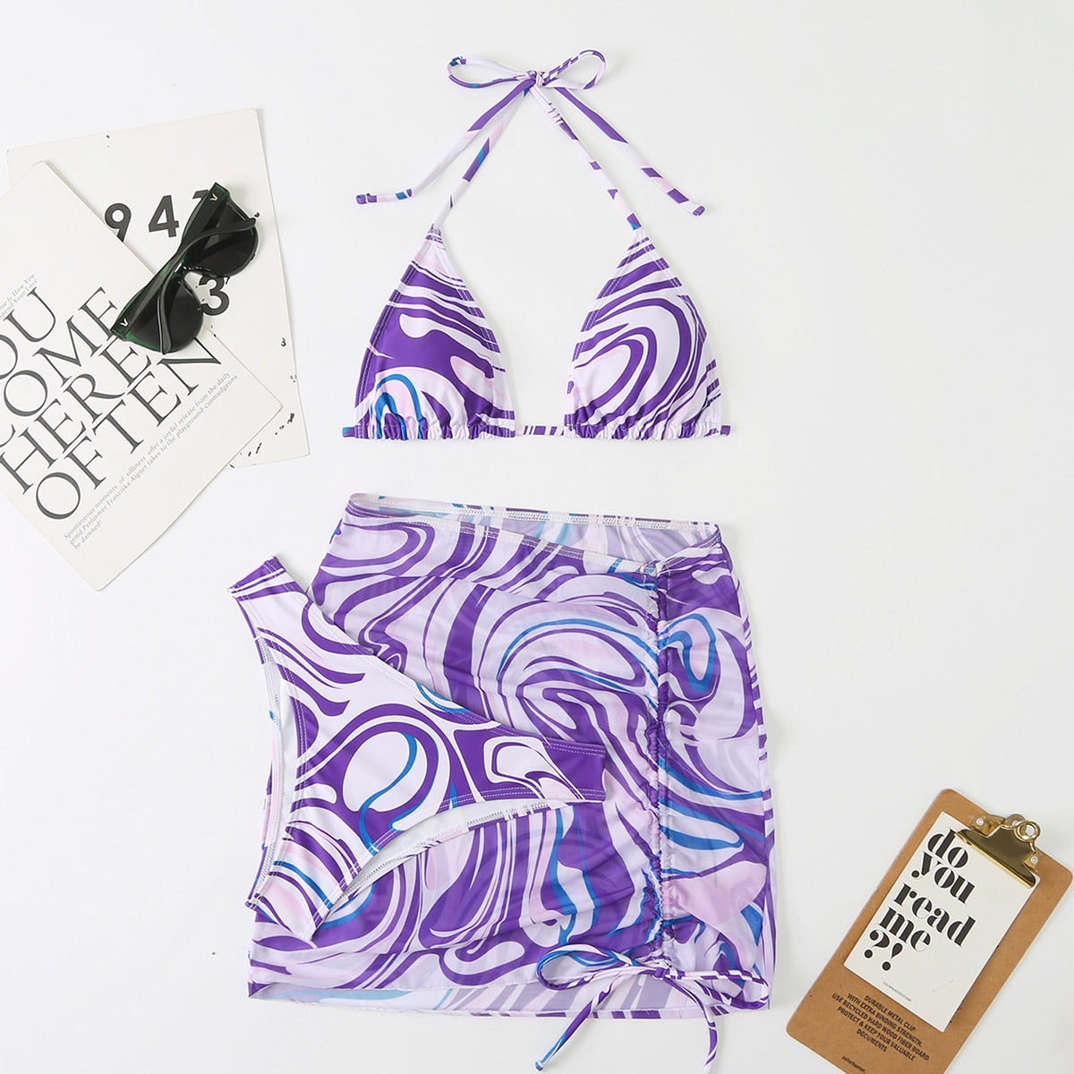 Tie Dye 3-Piece Thong Bikini Set with Skirt