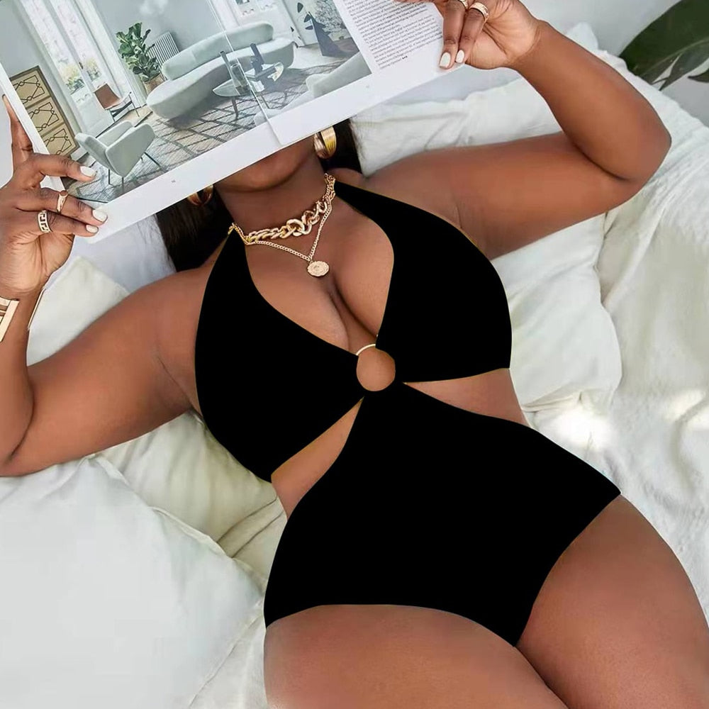 Women's Swimsuit 2022 Summer Plus Ring Linked Halter One Piece Bikini  Sexy Swimwear Lady Beach Dress Bathing Brazilian Suits