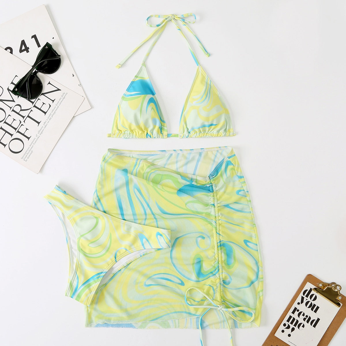 Tie Dye 3-Piece Thong Bikini Set with Skirt