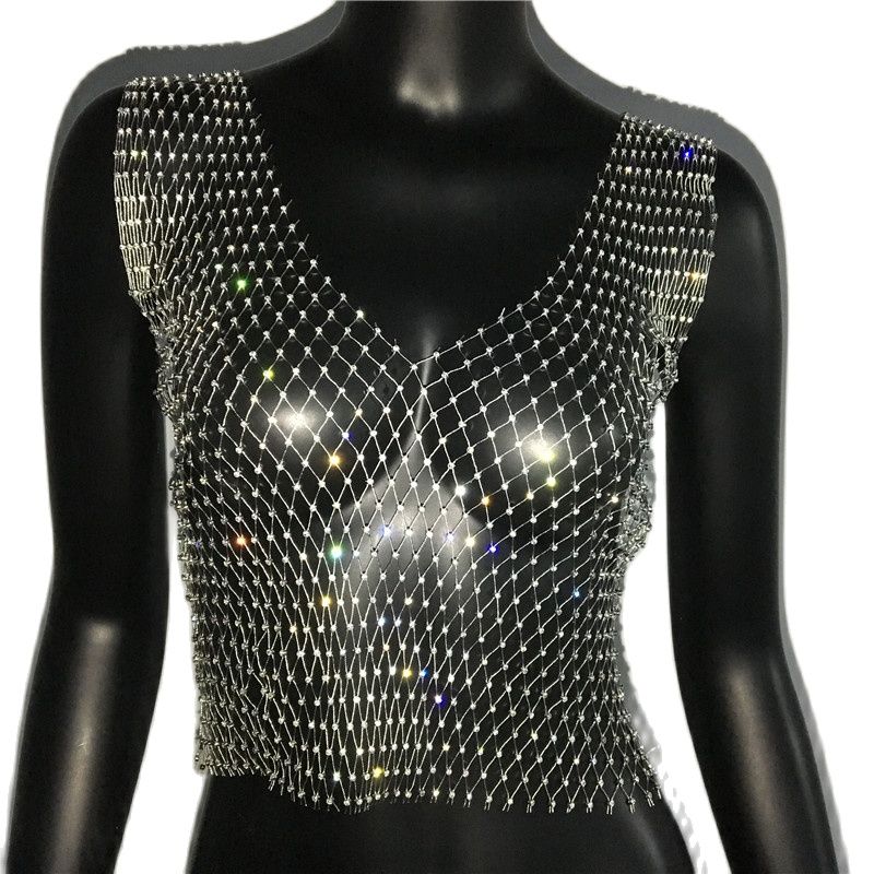 Rhinestone Mesh See-Through Crop Top